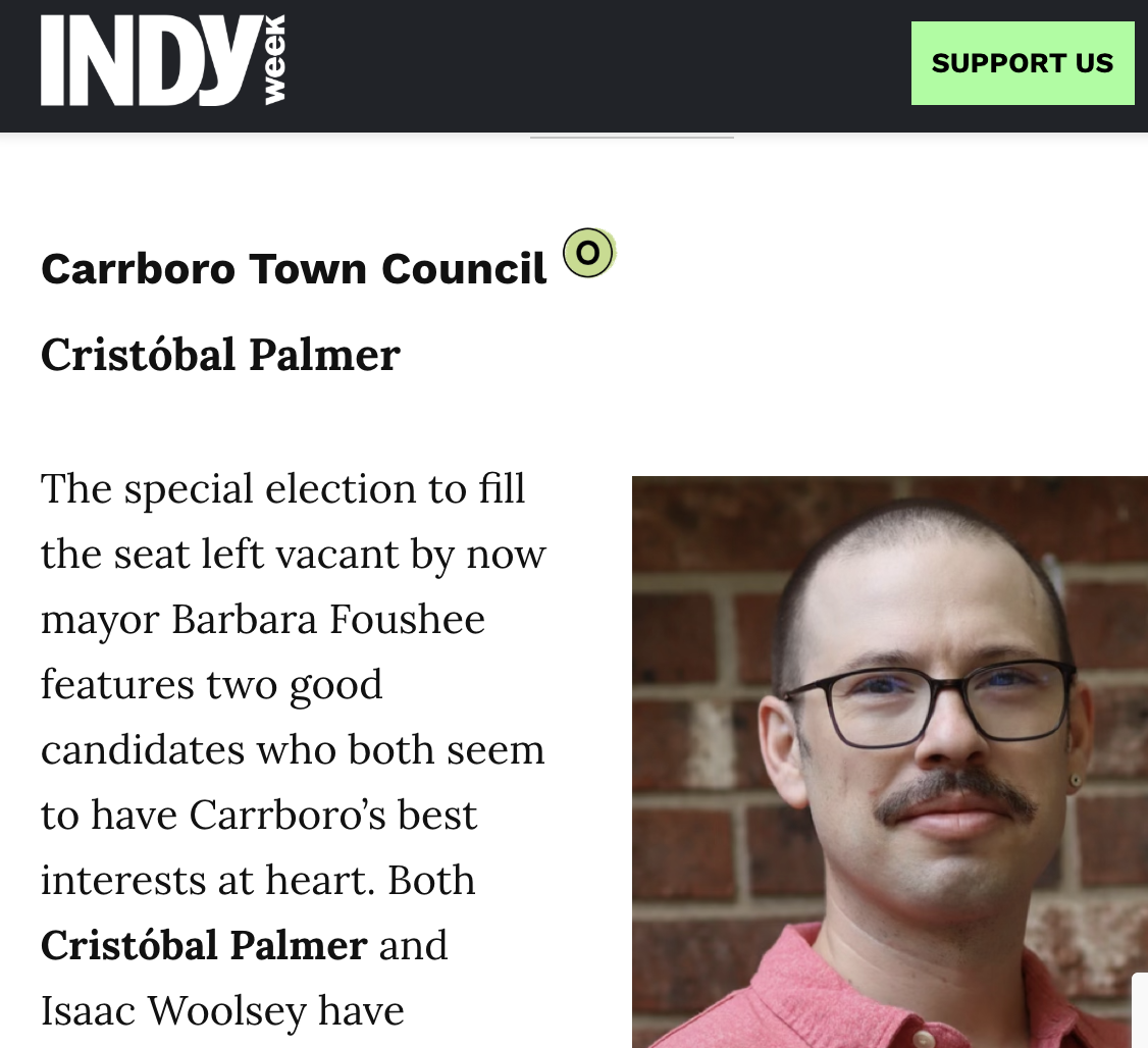 Screenshot of INDY Week website 2024 elections endorsement page showing endorsement of Cristóbal Palmer