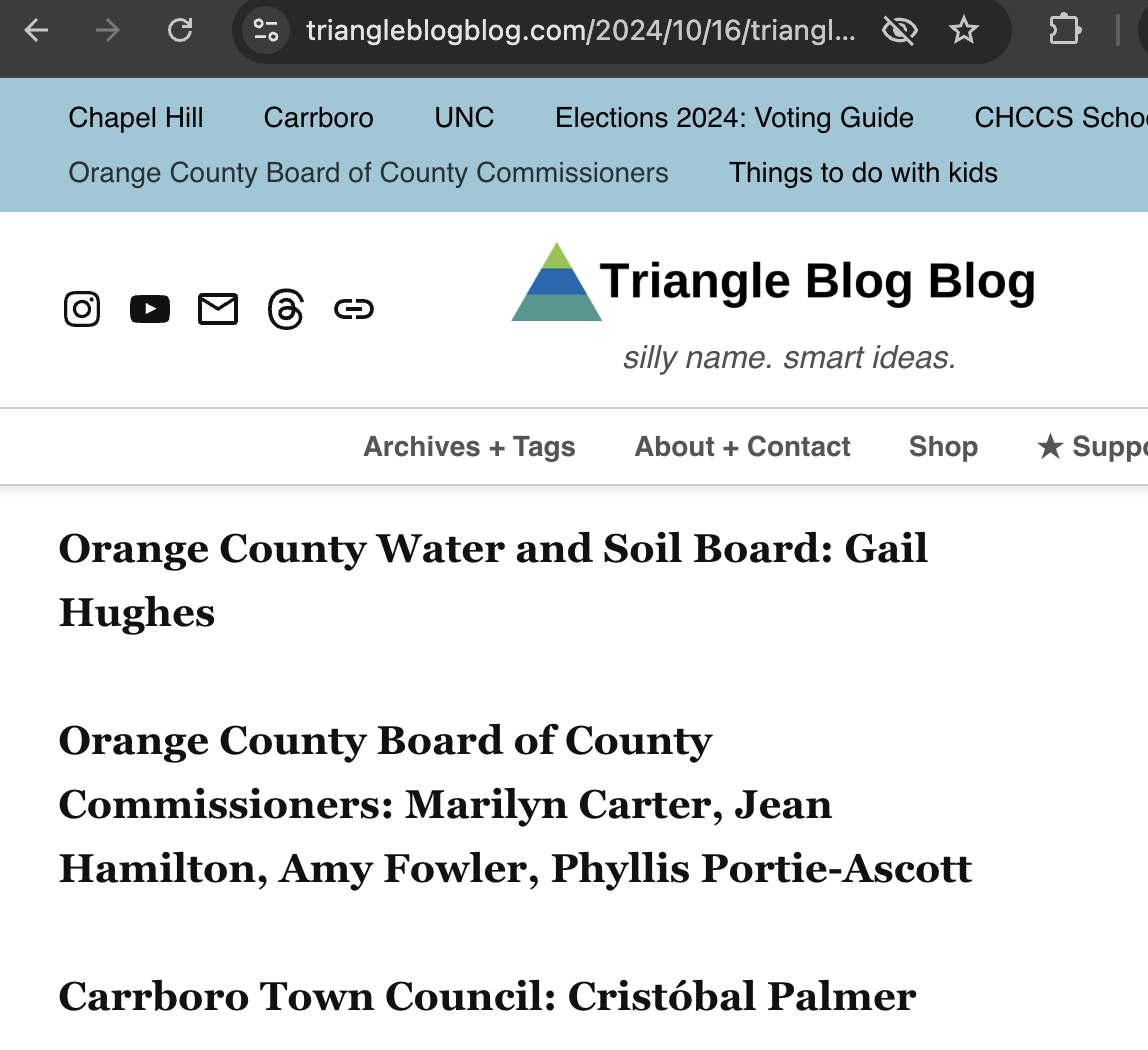 Screenshot of Triangle Blog Blog 2024 elections endorsement page showing endorsement of Cristóbal Palmer