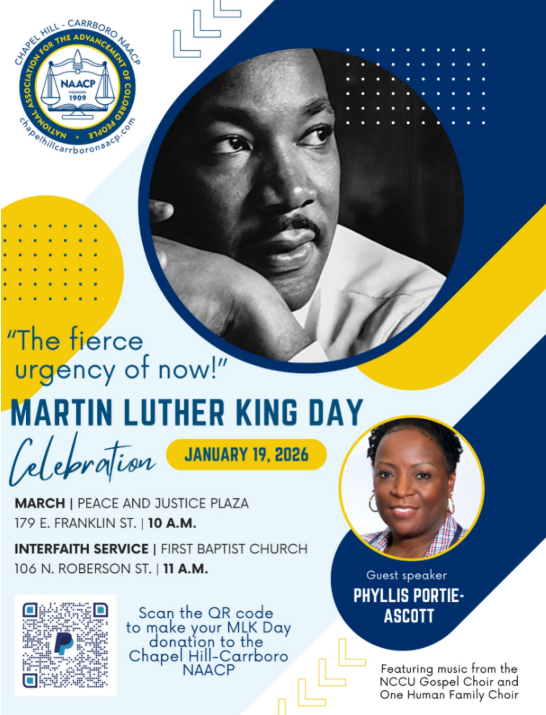 Event poster with MLK's portrait centered and a portrait of keynote speaker, Phyllis Portie-Ascott, lower right. Event details such as place and time are at left. Contains a QR code to donate to NAACP chapter.