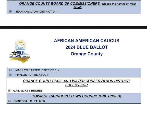 Screenshot of AAC-NCDP Orange County NC 2024 endorsements PDF file showing endorsement of Cristobal Palmer for Carrboro Town Council